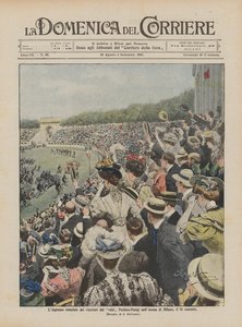 De triomfantelijke intocht van de winnaars van de Peking-Parijs raid in de Arena van Milaan, op de 16e van deze maand