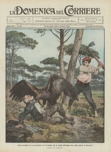 Hevige strijd tussen een visser en een adelaar die hem plotseling aanvalt in het dennenbos van Ravenna door Achille Beltrame