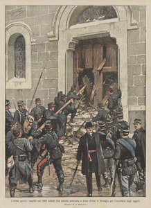 De laatste oorlog, aanval met 2000 soldaten op een klein seminarie en een kerk in Bretagne door Achille Beltrame