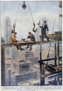 Maaltijd van twee voormannen in balans op het frame van een wolkenkrabber in New York - tekening van A. Beltrame, in 