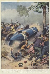 Terwijl hij met 200 kilometer per uur reed, tussen twee vleugels van de menigte, in een race nabij Parijs