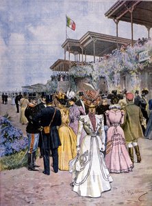 Milaan: de paardenraces op de renbaan van San Siro: uitreiking van de Handelsprijs (Premio del commercio). Illustratie door Beltrame. La Domenica del corriere. 1899