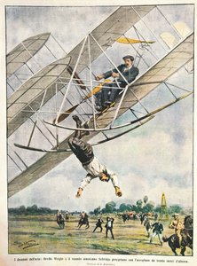 Orville Wright en luitenant Seliridge storten neer met tweedekker vanaf dertig meter, Verenigde Staten van Amerika, illustratie door Achille Beltrame uit La Domenica del Corriere, 11 oktober