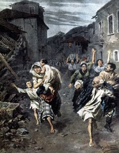 Paniek in Reggio Calabria na de aardbeving van 1908. Illustratie door Beltrame. 1908