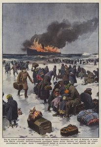 Door een hevige brand aan boord van de Sovjet-stoomboot Sakhalin in de Zee van Ochotsk