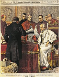 Paus Leo XIII leest zegen in grammofoon, door Achille Beltrame, uit La Domenica del Corriere, 29 maart 1903 door Achille Beltrame