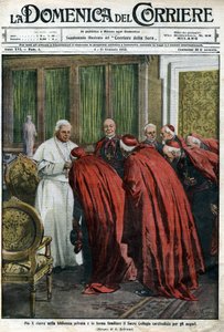 Paus Pius X ontvangt de kardinalen in zijn bibliotheek voor de nieuwjaarswens. Omslag van de Domenica del Corriere van 4 januari