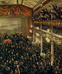 Spoorstaking in Milaan, door Achille Beltrame, illustratie, Illustrator Achille Beltrame (1871-1945), uit La Domenica del Corriere, 30 april 1905