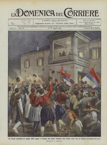 Koning Nicolaas geroepen naar het balkon van het paleis in Cetinje door het uitzinnige volk bij het nieuws van de overgave