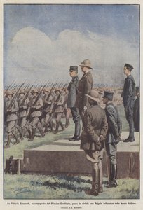 Koning Victor Emanuel, vergezeld door de kroonprins, inspecteert een brigade door Achille Beltrame