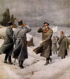 Hervatting van de oorlog, Turkse parlementariër arriveert in Bulgaars kamp met bericht over einde van wapenstilstand, door Achille Beltrame, illustratie uit La Domenica del Corriere, 9 februari door Achille Beltrame