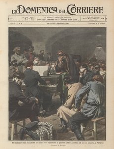 Gemaskerde Russische revolutionairen die na het ontvoeren van een beroemde pianist zijn optreden bijwonen door Achille Beltrame