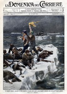 Zeehondenjagers, van wie sommigen stierven, bleven gestrand op het drijvende ijs van de oceaan. Ill. de Beltrame. La Domenica del Corriere. 12-19/04/1914. door Achille Beltrame