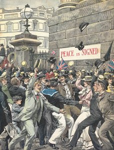 Tweede Boerenoorlog. Aankondiging van het einde van de oorlog in de straten van Londen. Illustratie door Antonio Beltrame. “La Domenica del Corriere” door Achille Beltrame
