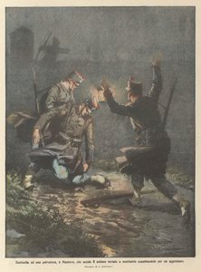 Wacht bij een kruitmagazijn, in Mantua, die de soldaat doodt die gestuurd was om hem af te lossen, denkend dat het een aanvaller was door Achille Beltrame