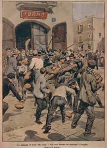 Ernstig tekort aan werk in Apulië, Ovens bestormd door werklozen van Cerignola, door Achille Beltrame, illustratie, Illustrator Achille Beltrame (1871-1945), uit La Domenica del Corriere, 20 december 1908 door Achille Beltrame