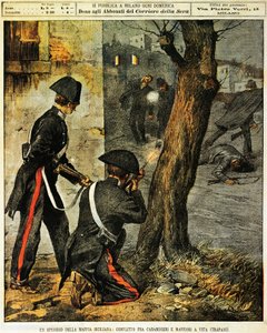 Siciliaanse maffia gebeurtenis, gevechten tussen carabinieri en maffia gangsters in Trapani, door Achille Beltrame, illustratie, van La Domenica del Corriere, 31 december 1899 door Achille Beltrame