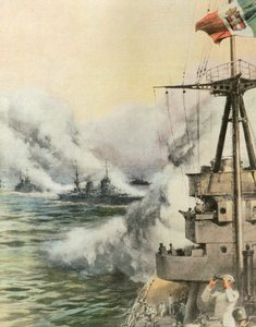Gezien door vijandelijk vliegtuig, Italiaans konvooi laat rookgordijn los om schepen te beschermen, door Achille Beltrame door Achille Beltrame