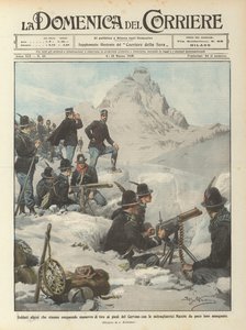 Alpinesoldaten die schietoefeningen uitvoeren aan de voet van de Matterhorn met machinegeweren door Achille Beltrame