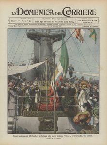 Plechtige hijsing van de strijdvlag op het nieuwe slagschip Roma in Civitavecchia, op de 3e van deze maand