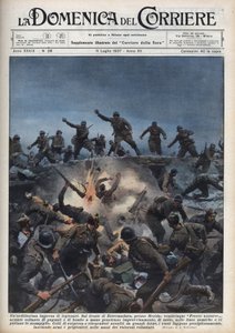 Spaanse Burgeroorlog: Een divisie Italiaanse vrijwilligers vlucht voor het Spaanse Republikeinse Leger in de regio Mérida, Spanje. Illustratie van Achille Beltrame in “La domenica del Corriere” van 11/07/1937. door Achille Beltrame