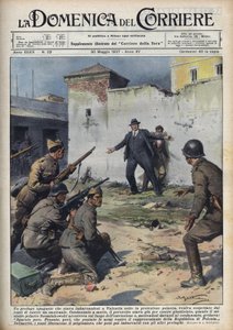 Spaanse Burgeroorlog: Poolse diplomaat gevangen genomen bij het inschepen in Valencia voor Polen ontsnapte ternauwernood aan executie door Republikeinse troepen, dankzij de tussenkomst van de Poolse minister Szumiakowski. Illustratie van Achille Beltrame i door Achille Beltrame