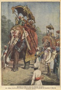 Sprookjesachtige pracht ter ere van de Prins van Wales, een parade van kleurrijke olifanten door Achille Beltrame