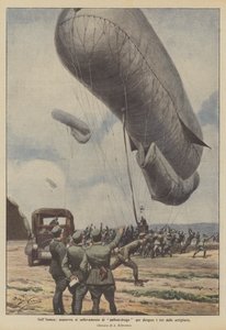 Aan de Isonzo, het hijsen van drakenballonnen om de artillerievuren te richten