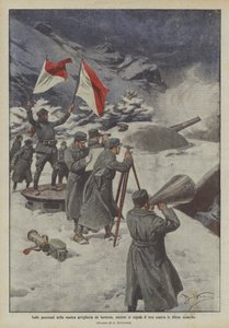 Op de posities van onze vestingartillerie, terwijl het schot wordt afgesteld tegen de vijandelijke verdedigingen door Achille Beltrame