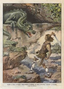 Teatro La Scala, Milaan, gevecht van Siegfried met de draak, in de opera Siegfried van Wagner