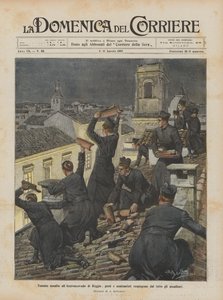 Poging tot aanval op het aartsbisdom van Reggio, priesters en seminaristen weren de aanvallers af vanaf het dak door Achille Beltrame