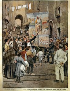 De Domenica del Corriere (Italiaanse zondagskrant) van 8 december 1910, Volksliederen geïnspireerd door de oorlog in Libië gezongen in Napels door balladzangers, door Achille Beltrame, illustratie door Achille Beltrame