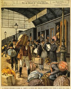 De Grote Emigratie: aankomsten en vertrekken van Zuid-Italiaanse emigranten naar Canada, door Achille Beltrame (1871-1945), uit La Domenica del Corriere, 7 april 1901