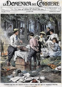 De president van de Verenigde Staten Theodore Roosevelt (1858 - 1919) leerde zijn zonen de plichten van een man van goede samenleving door zijn been af te hakken tijdens een picknick in zijn tweede residentie in Oister Bay. Illustratie door Achille Beltram