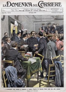 De aankomst van Maxim Gorki in de vergaderzaal op het congres in Londen na de revolutie van 1905 in Rusland. Omslag van La Domenica del Corriere van 26/05/1907. door Achille Beltrame