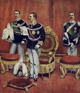 De beëdiging van Koning Vittorio Emanuele III in de Senaatskamer in Rome, uit La Domenica del Corriere door Achille Beltrame