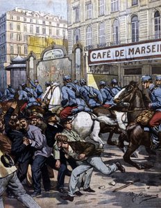 De arbeidersstakingen in Marseille: de huzaren in actie op de Canebière. Illustratie door Beltrame. La Domenica del corriere. 1901.