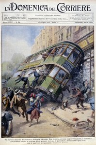 Tramongeluk in Glasgow, Schotland: een van de wagens kantelde op een porseleinen vitrine en op voorbijgangers - tekening door A. Beltrame, in 