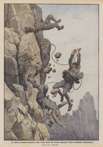 Drie Lombardische alpinisten vallen van de steile wand van de Magnaghi-toren (Zuidelijke Grigna) en worden verpletterd door Achille Beltrame