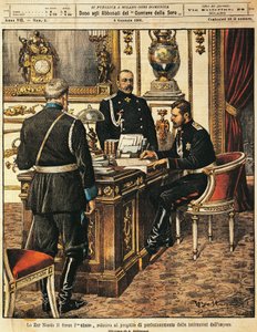 Tsaar Nicolaas II ondertekent project voor institutionele hervormingen, uit La Domenica del Corriere, 8 januari 1905