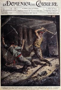 Twee Franse en Portugese mijnwerkers vechten met hun bijlen in een galerij vanwege een liefdesverhaal - tekening door A. Beltrame, in 