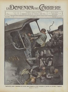Bescheiden daden van moed, machinist die plotseling een trein stopt en de locomotief omverwerpt door Achille Beltrame