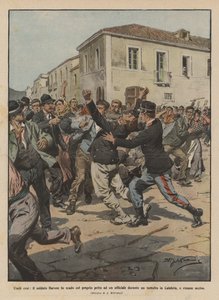 Bescheiden helden, soldaat Barone beschermt een officier met zijn eigen borst tijdens een oproer door Achille Beltrame