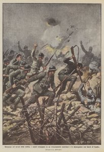 Een actie met behulp van mist, onze troepen breken door in een Oostenrijkse loopgraaf door Achille Beltrame