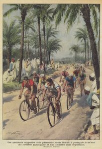 Een suggestief schouwspel op de schilderachtige Libische wegen, de passage in een oase van de hardlopers