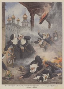 Een historisch klooster in brand in Podolië (Europees Rusland), vijf katholieke nonnen kwamen om in de vlammen