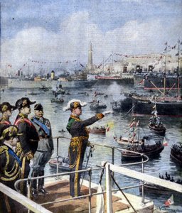 Bezoek van Benito Mussolini in Genua. De Duce groet de stad vanaf de Esperia-brug. Illustratie van Beltrame. La Domenica del Corriere, 6/06/1926.