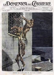 ontsnapping van drie gevangenen uit de gevangenis van Finalmarina in Italië in 1907. Illustratie van Achille Beltrame voor de Domenica del Corriere van 3 maart