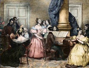 Muzikale avond rond de pianoforte - door Achille Deveria, ca. 1840