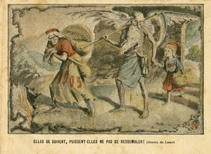 Illustratie van Achille Lemot in Le Pelerin, 03/01/04 - Ze volgen elkaar op, mogen ze niet hetzelfde zijn! Onrechtvaardigheid, Vervolgingen - Kindertijd, Religie, Tijd/Seizoenen, Nieuwjaar - Marianne, Tijd (Allegorie van) - Allegorie, Oppositie/Associatie door Achille Lemot